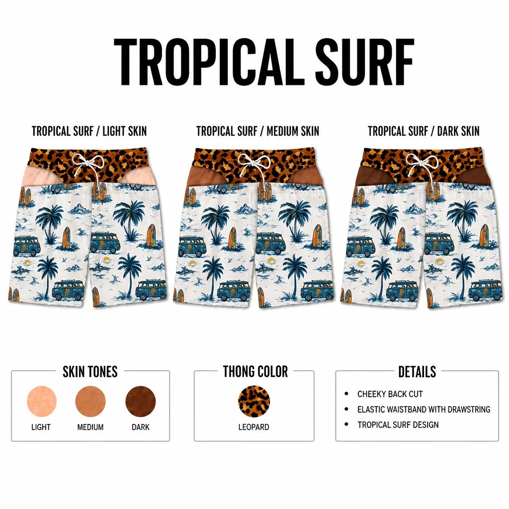 BunsOutCo Tropical Surf prank swim trunks